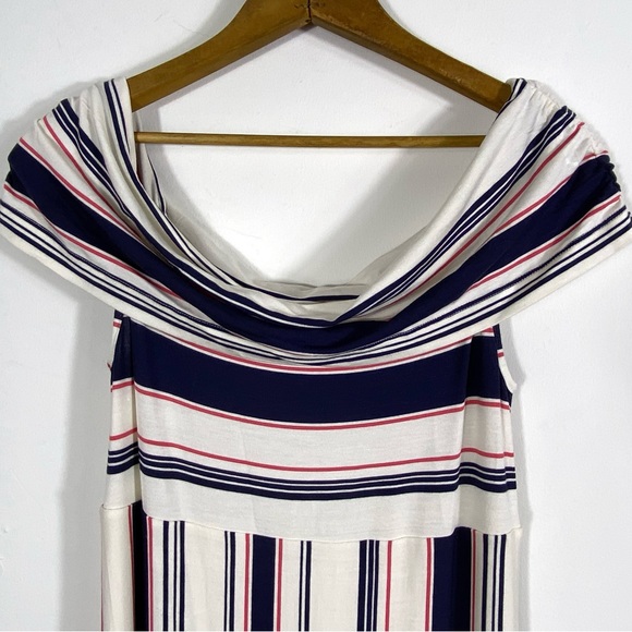 Ella Moss Striped Off Shoulder Midi Dress with Ruffled Bias Cut Hem Stretchy - Picture 3 of 11